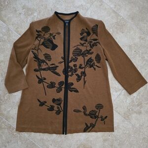 Like New Ming Wang L Knit Jacket Caramel & Black Floral Print Tunic Length